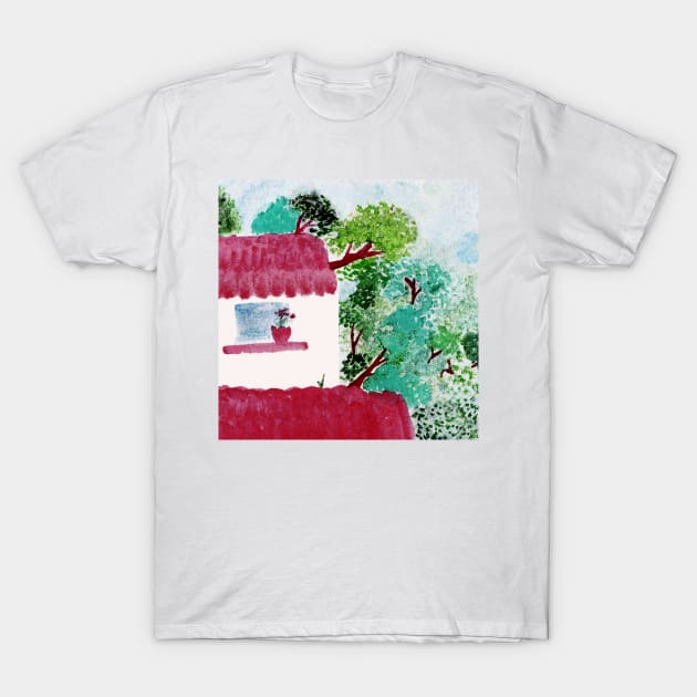 House in the forest, trees, watercolor T-Shirt by oknoki